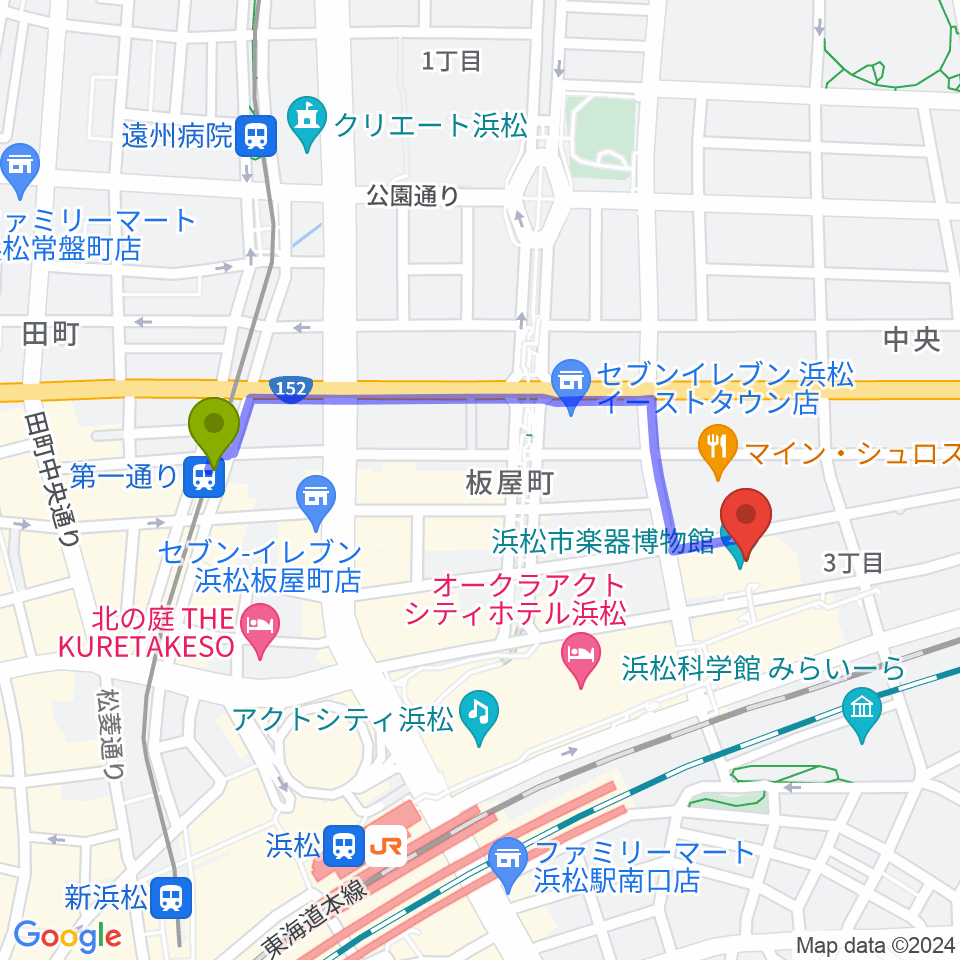 第一通り駅からアクトシティ浜松 研修交流センターへのルートマップ地図
