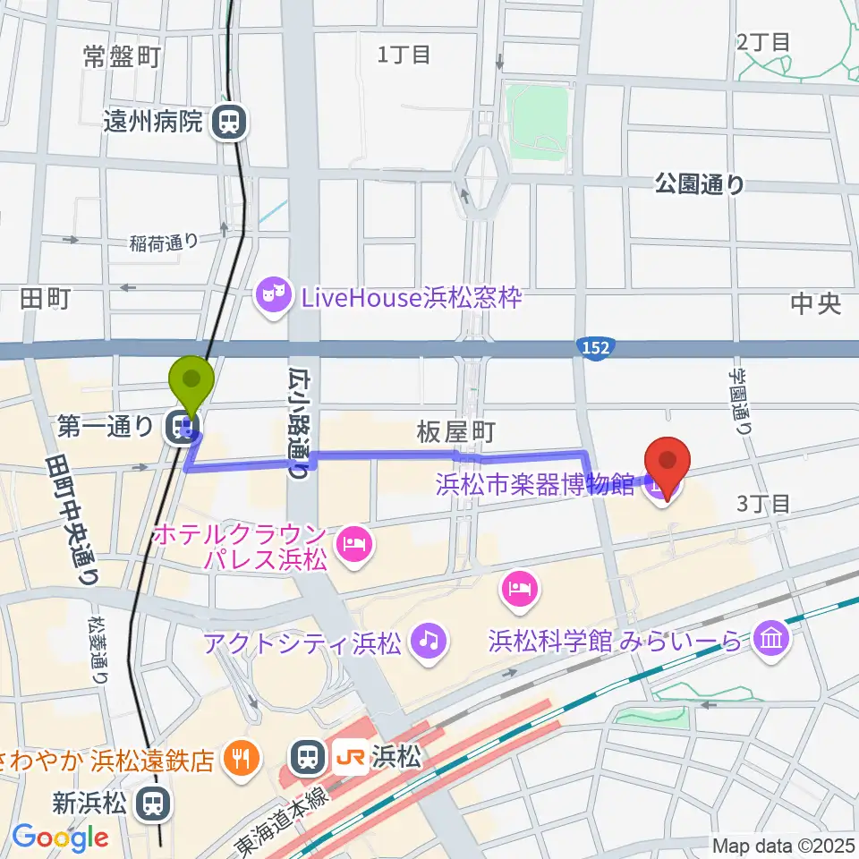 第一通り駅からアクトシティ浜松 研修交流センターへのルートマップ地図