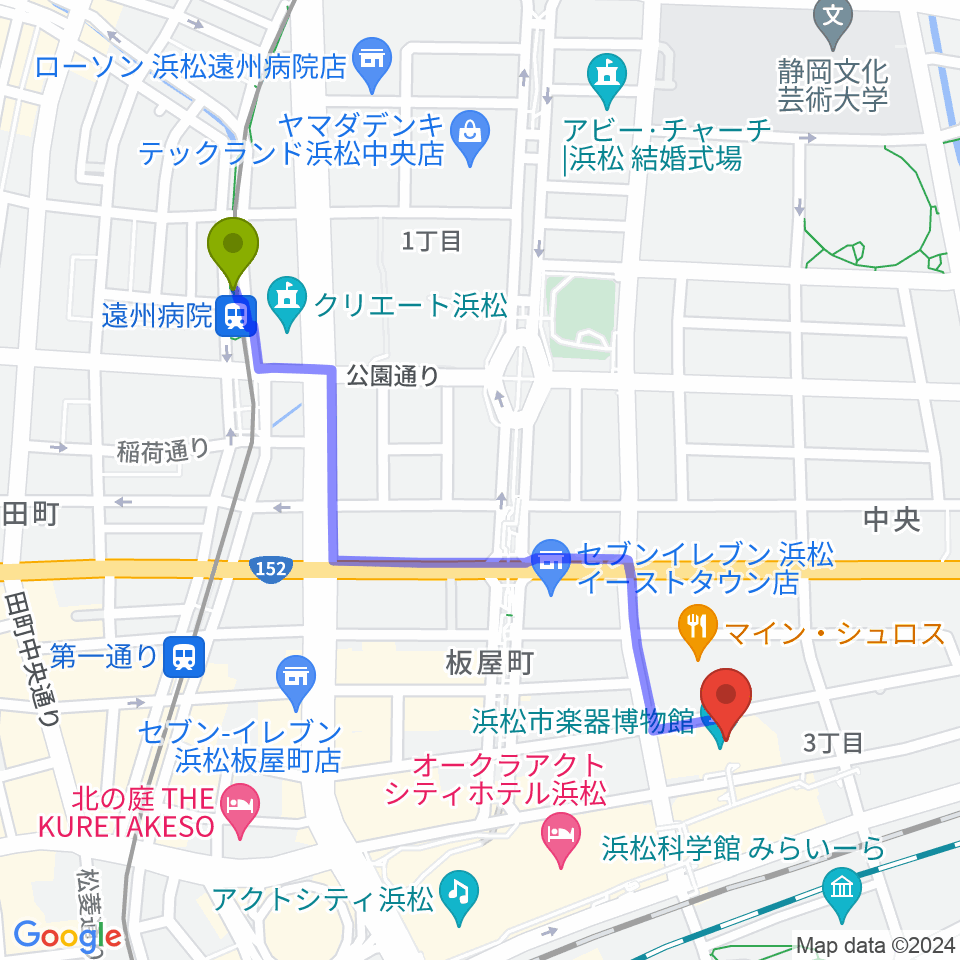 遠州病院駅からアクトシティ浜松 研修交流センターへのルートマップ地図