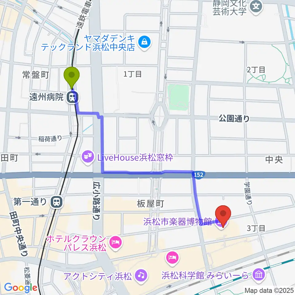 遠州病院駅からアクトシティ浜松 研修交流センターへのルートマップ地図