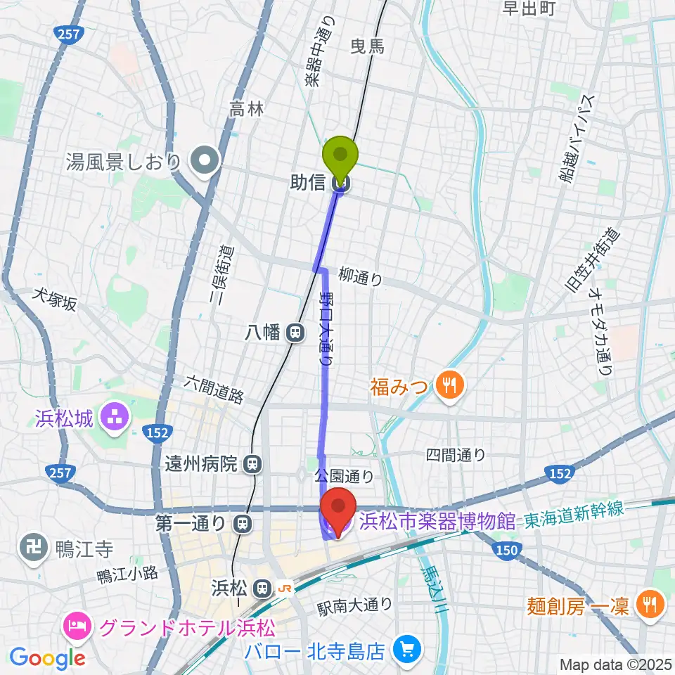 助信駅からアクトシティ浜松 研修交流センターへのルートマップ地図