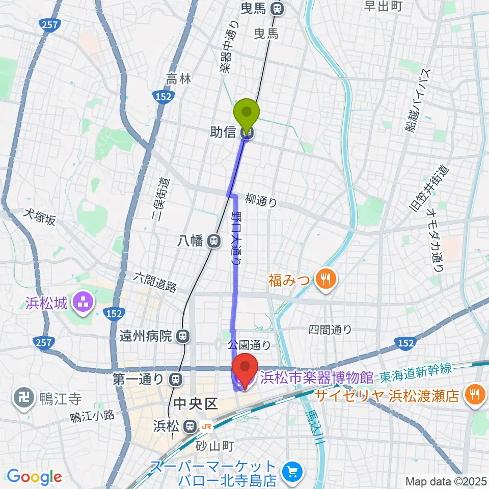 助信駅からアクトシティ浜松 研修交流センターへのルートマップ地図