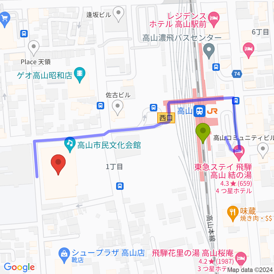 高山市民文化会館の最寄駅高山駅からの徒歩ルート（約4分）地図