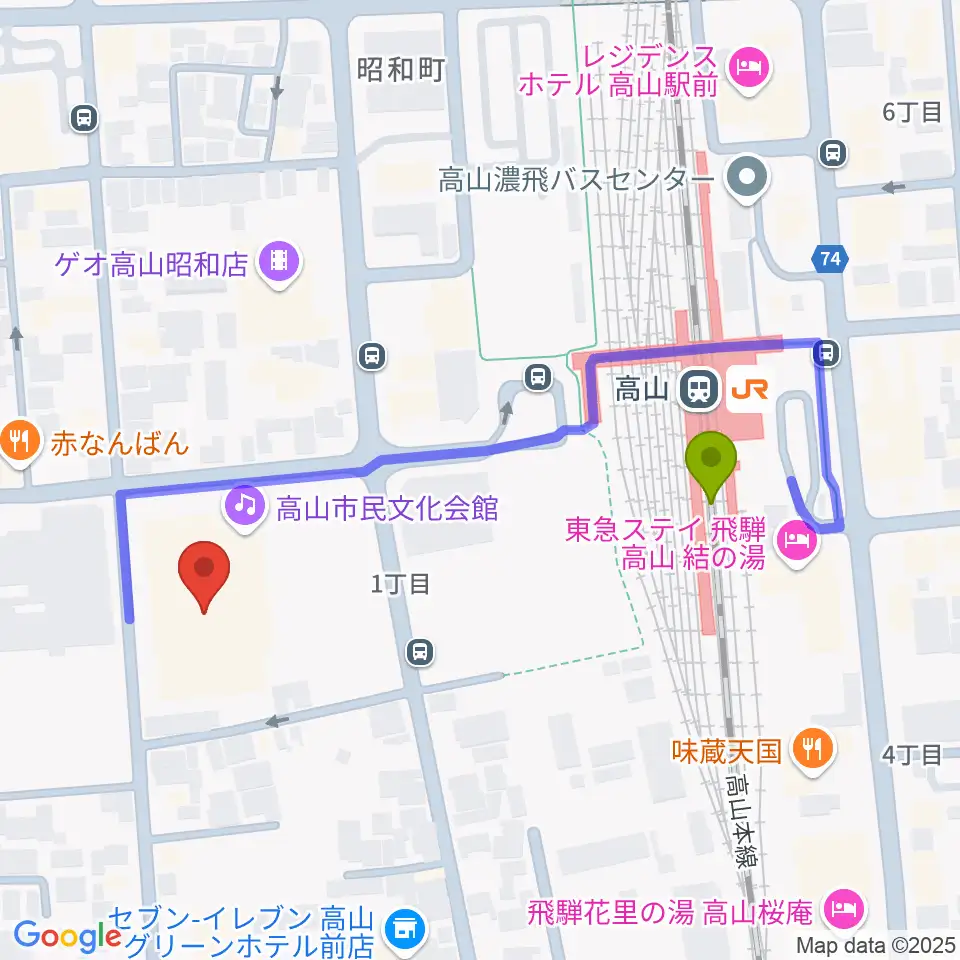 高山市民文化会館の最寄駅高山駅からの徒歩ルート（約4分）地図