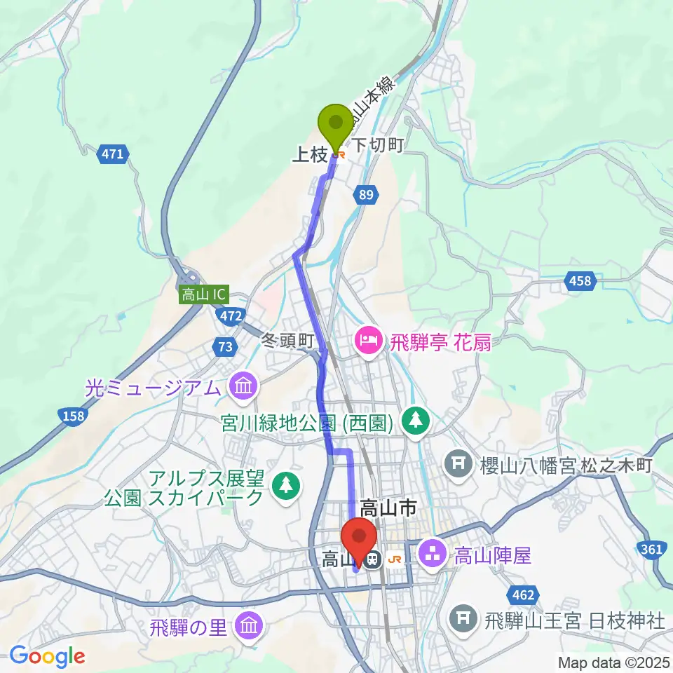 上枝駅から高山市民文化会館へのルートマップ地図