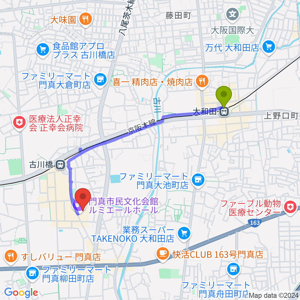 大和田駅からルミエールホール（門真市民文化会館）へのルートマップ地図