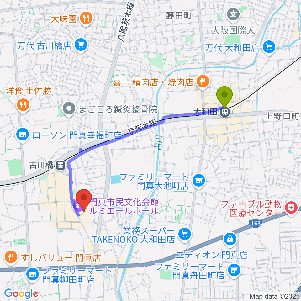 大和田駅から門真市民文化会館 ルミエールホールへのルートマップ地図