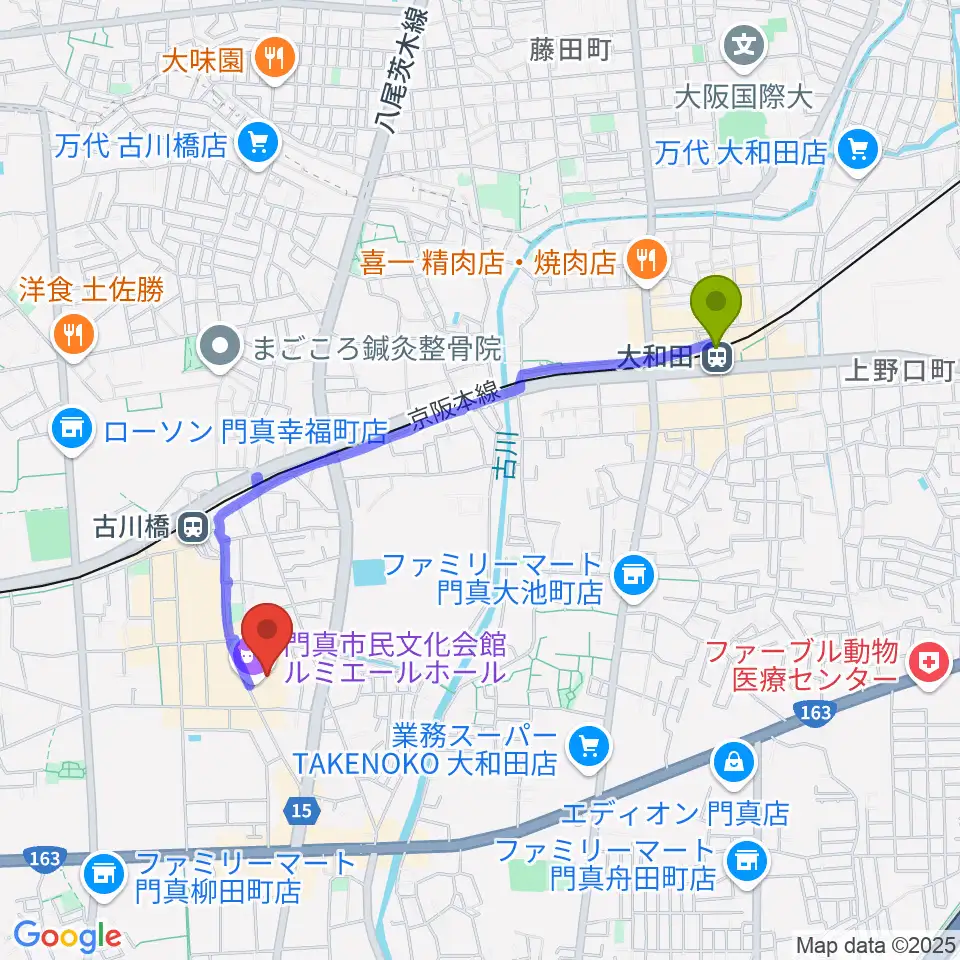 大和田駅から門真市民文化会館 ルミエールホールへのルートマップ地図