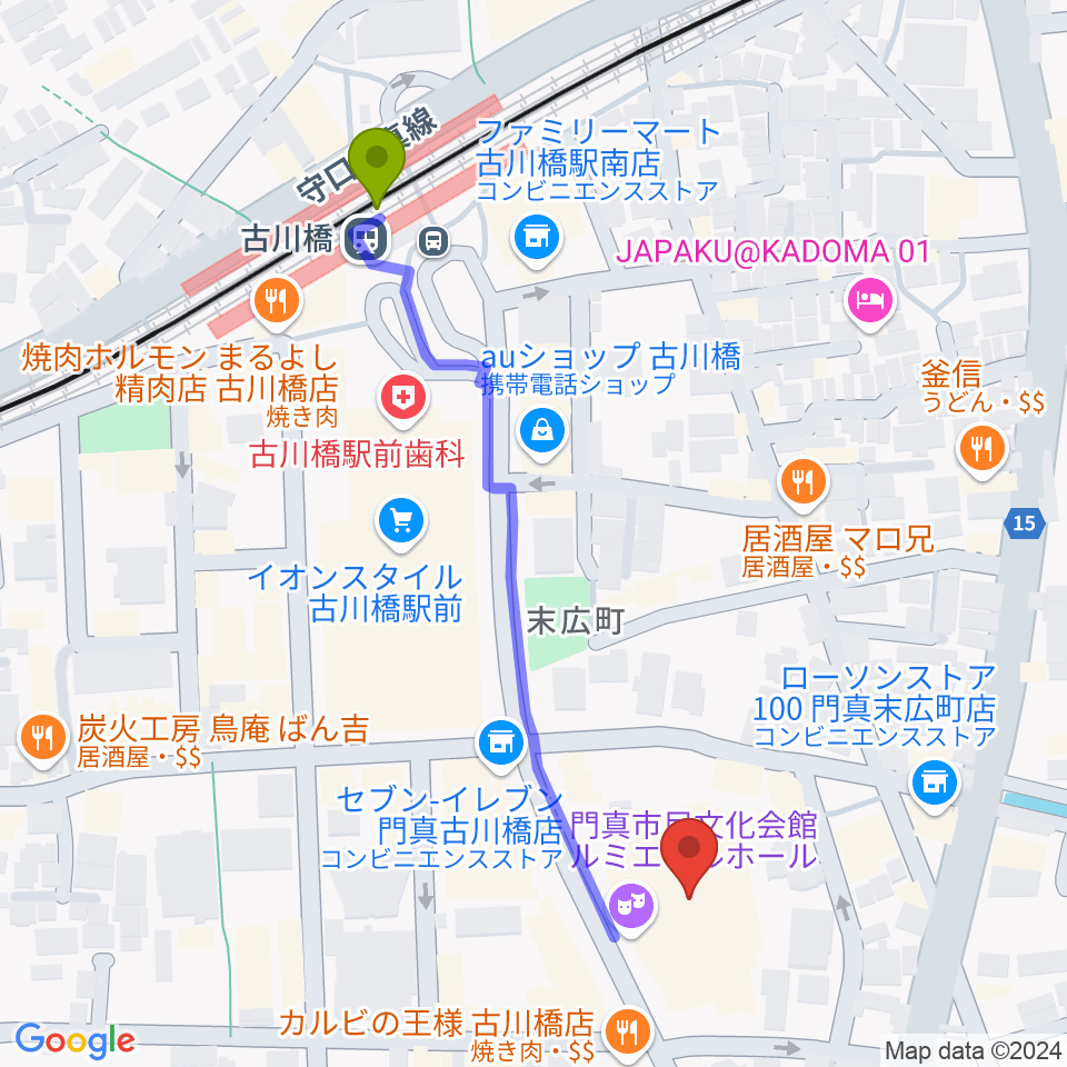 ルミエールホール（門真市民文化会館）の最寄駅古川橋駅からの徒歩ルート（約6分）地図