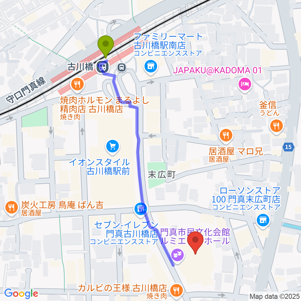 門真市民文化会館 ルミエールホールの最寄駅古川橋駅からの徒歩ルート（約6分）地図