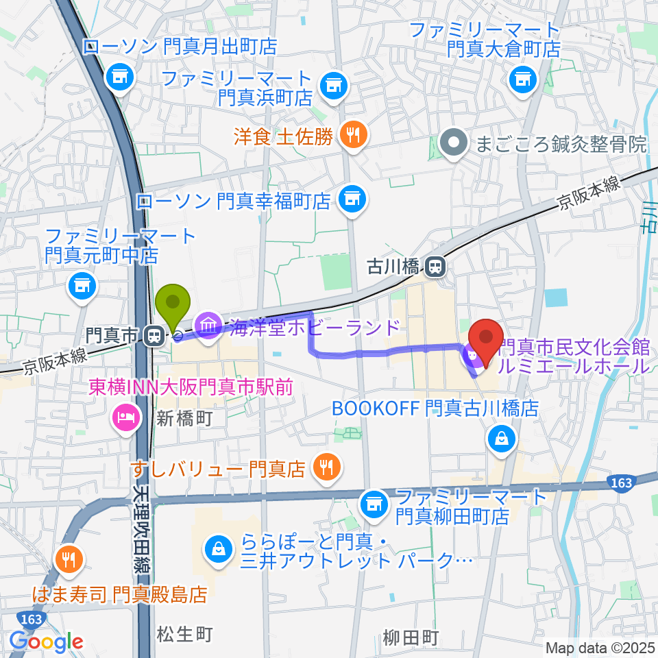 門真市駅から門真市民文化会館 ルミエールホールへのルートマップ地図