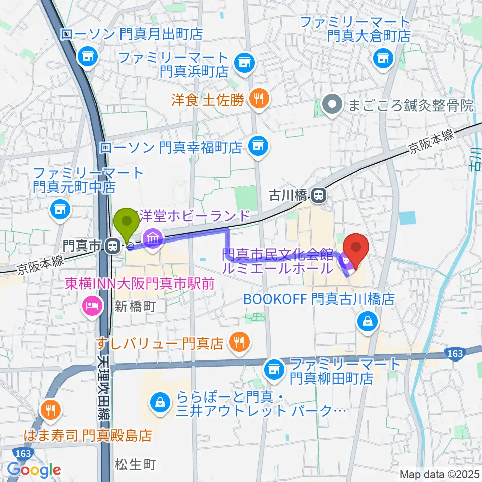 門真市駅から門真市民文化会館 ルミエールホールへのルートマップ地図