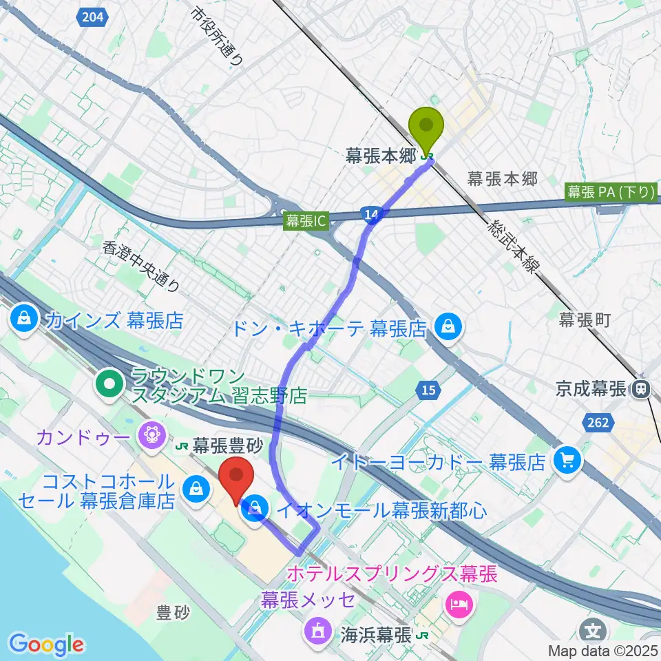 幕張本郷駅からよしもと幕張イオンモール劇場へのルートマップ地図