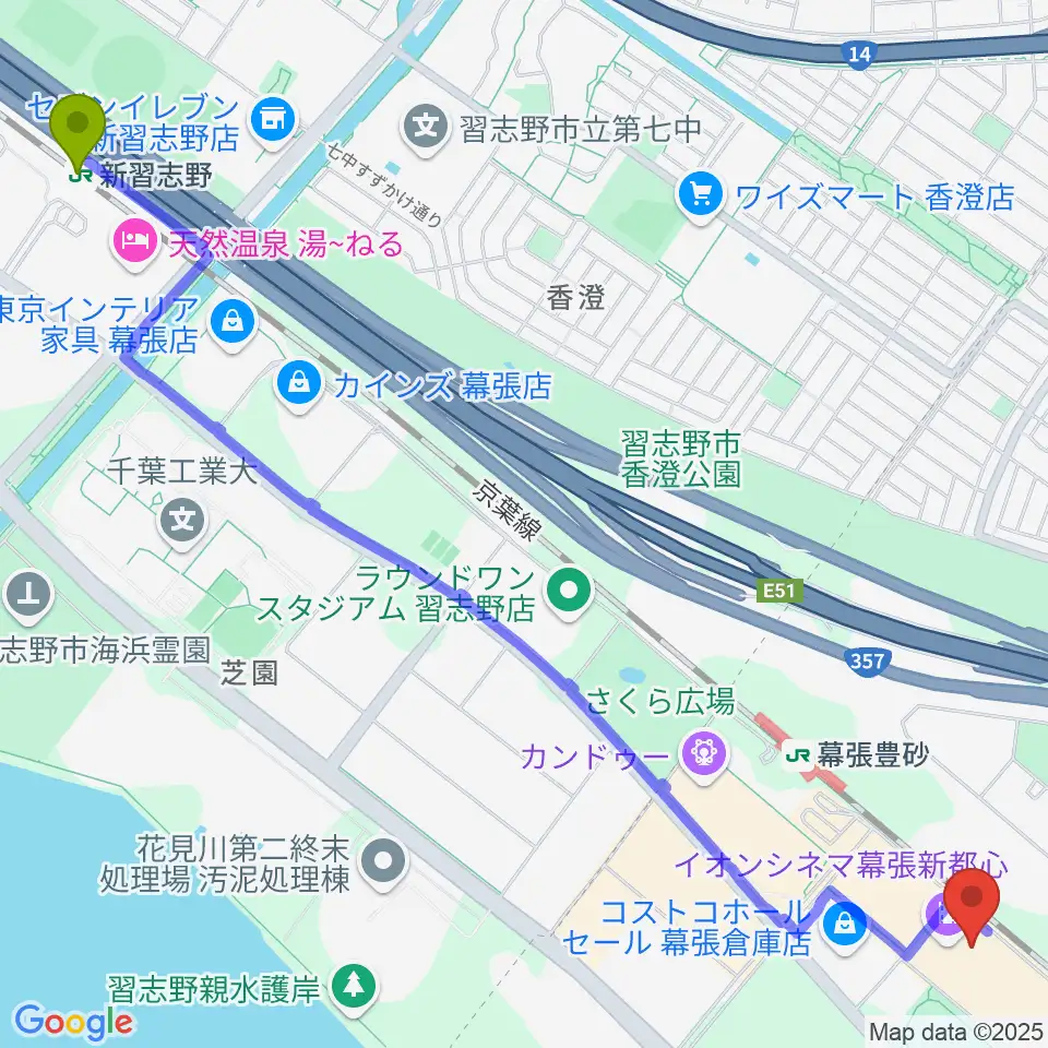 新習志野駅からよしもと幕張イオンモール劇場へのルートマップ地図