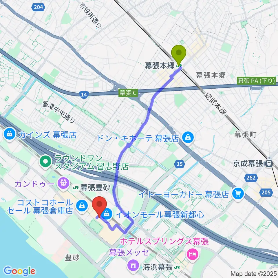 幕張本郷駅から島村楽器 イオンモール幕張新都心店へのルートマップ地図