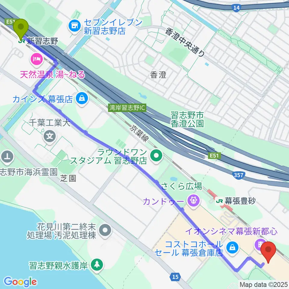 新習志野駅から島村楽器 イオンモール幕張新都心店へのルートマップ地図