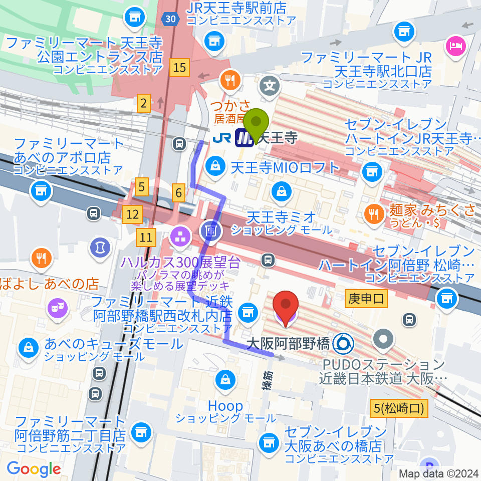 近鉄アート館の最寄駅天王寺駅からの徒歩ルート（約3分）地図