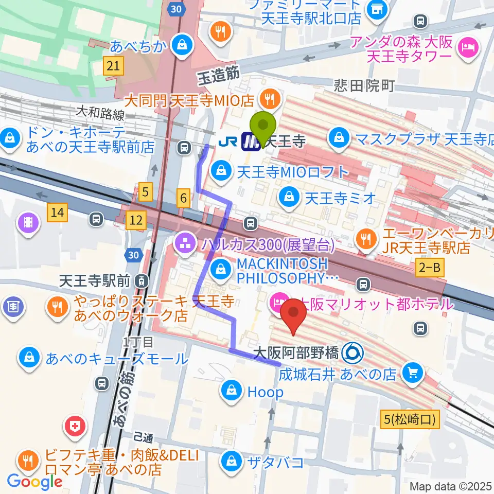 近鉄アート館の最寄駅天王寺駅からの徒歩ルート（約3分）地図