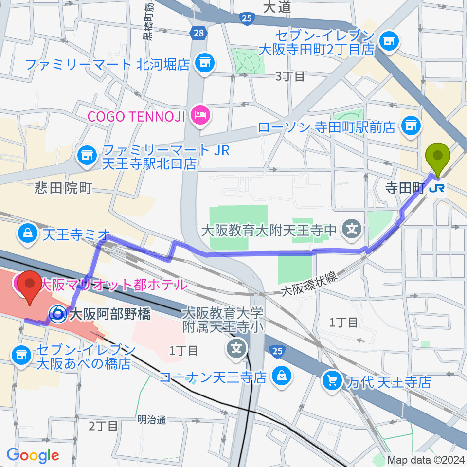 寺田町駅から近鉄アート館へのルートマップ地図