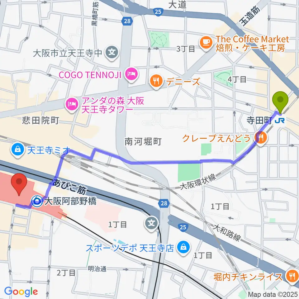 寺田町駅から近鉄アート館へのルートマップ地図