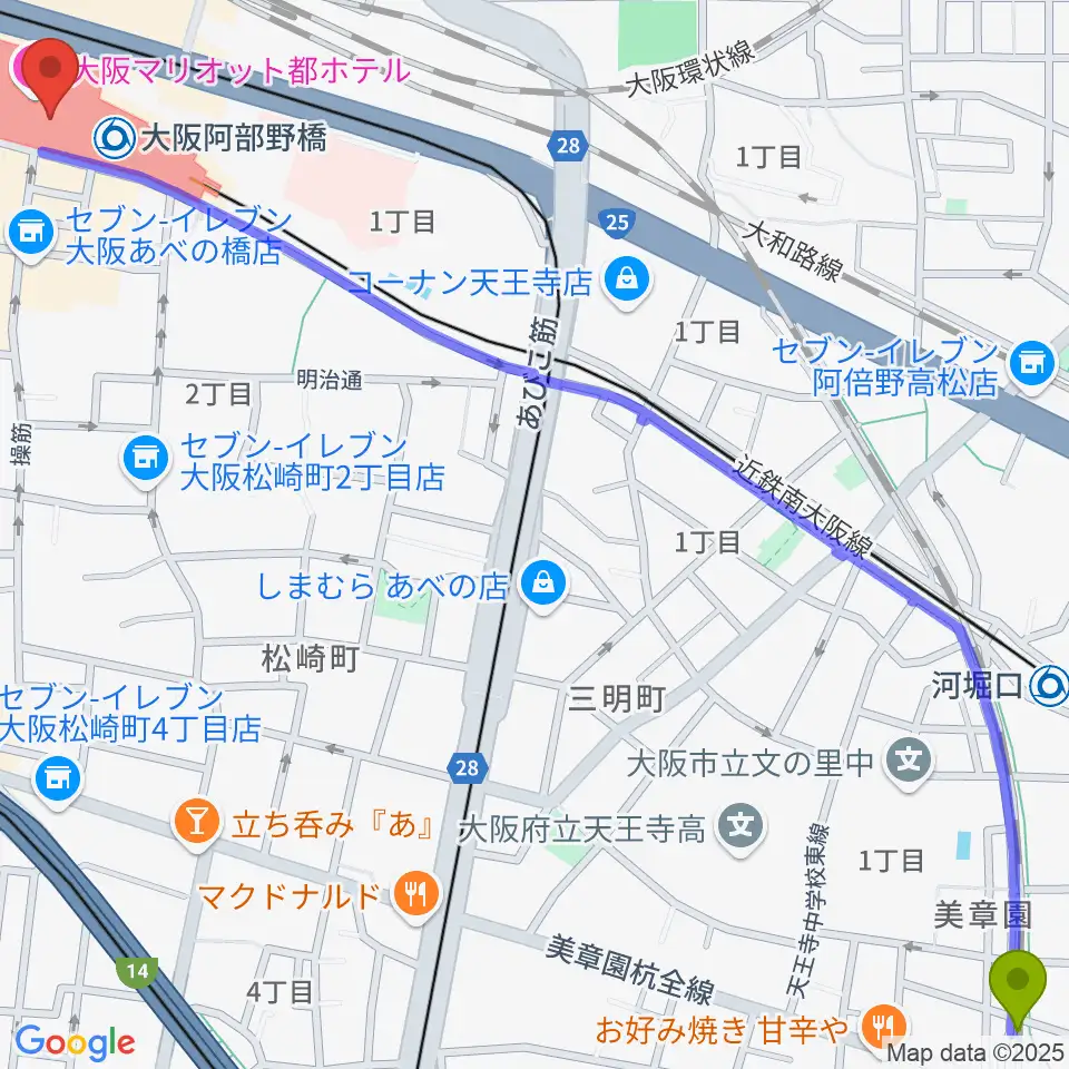 美章園駅から近鉄アート館へのルートマップ地図