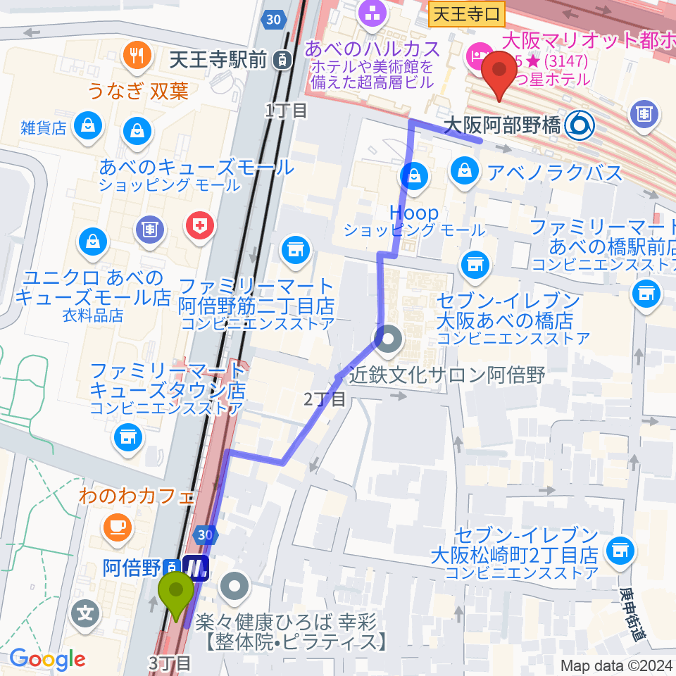 阿倍野駅から近鉄アート館へのルートマップ地図