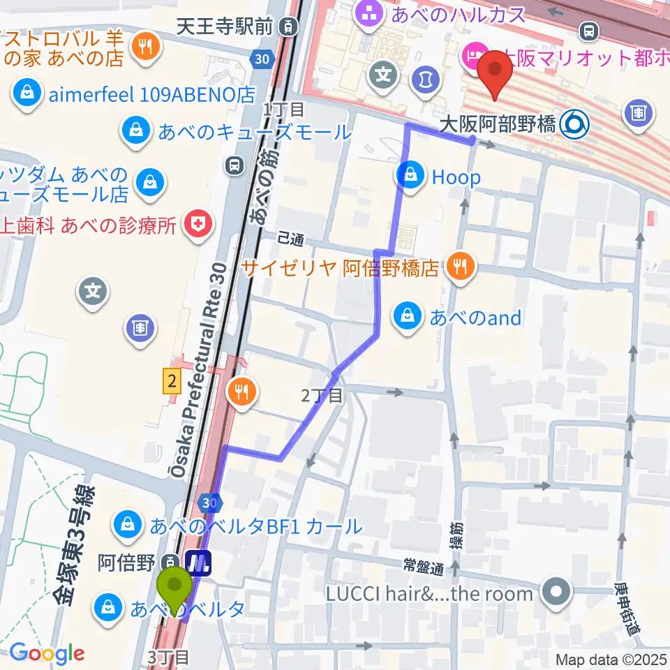 阿倍野駅から近鉄アート館へのルートマップ地図