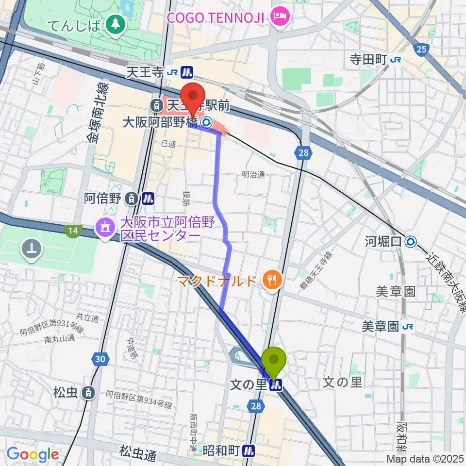 文の里駅から近鉄アート館へのルートマップ地図