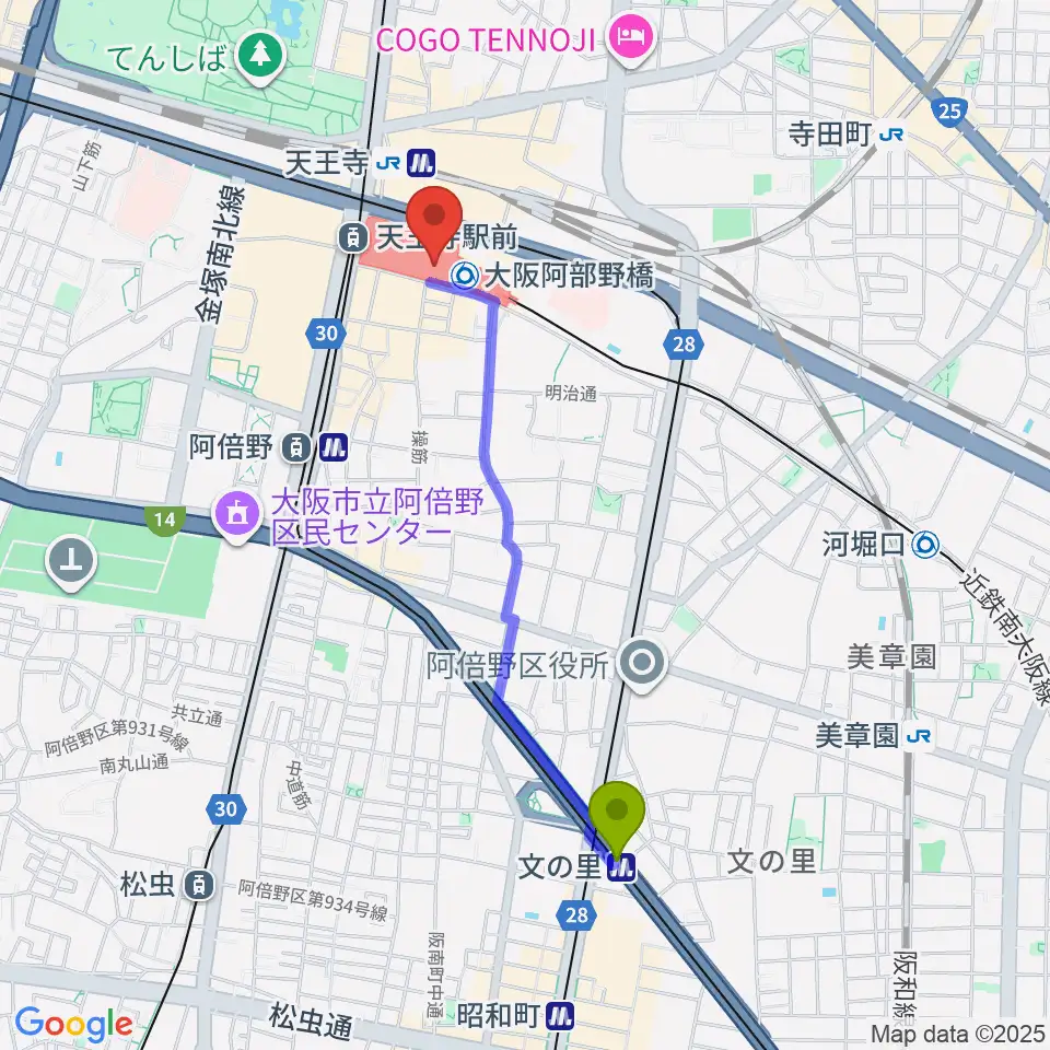 文の里駅から近鉄アート館へのルートマップ地図