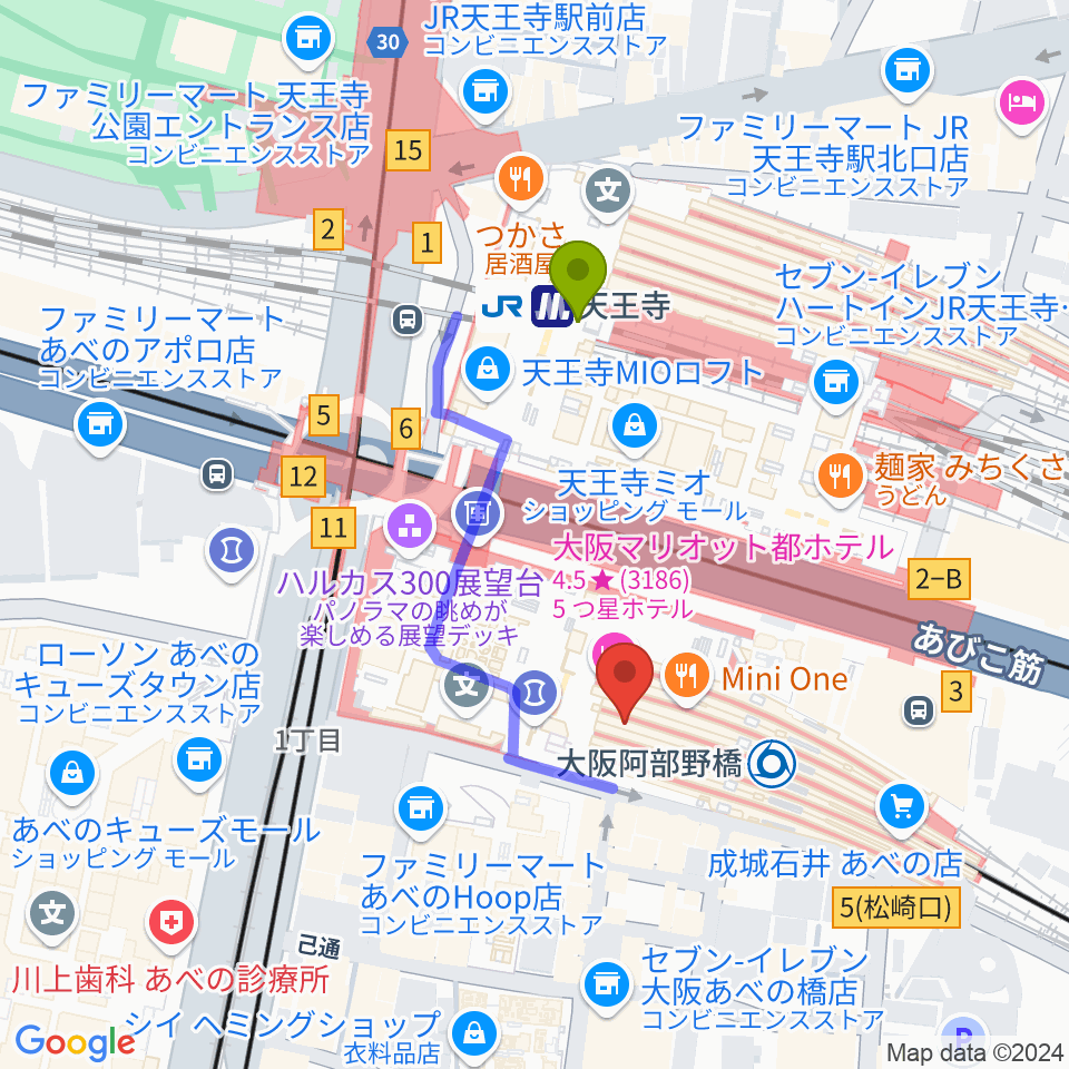 あべのハルカスSPACE9の最寄駅天王寺駅からの徒歩ルート（約3分）地図