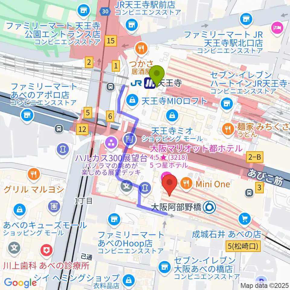 あべのハルカスSPACE9の最寄駅天王寺駅からの徒歩ルート（約3分）地図