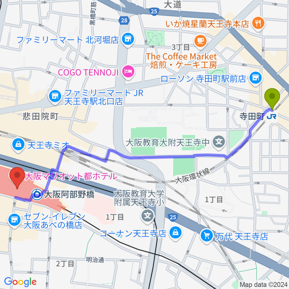 寺田町駅からあべのハルカスSPACE9へのルートマップ地図