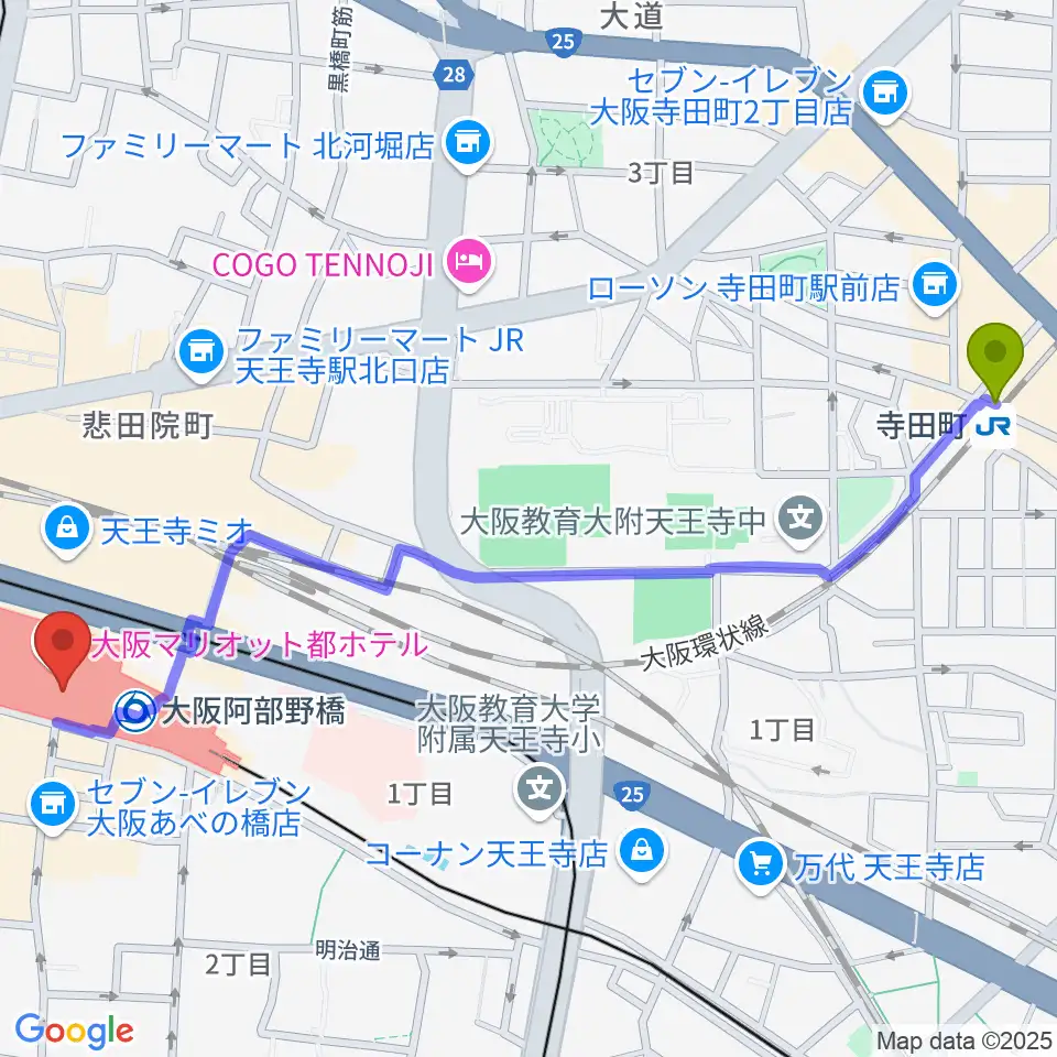 寺田町駅からあべのハルカスSPACE9へのルートマップ地図