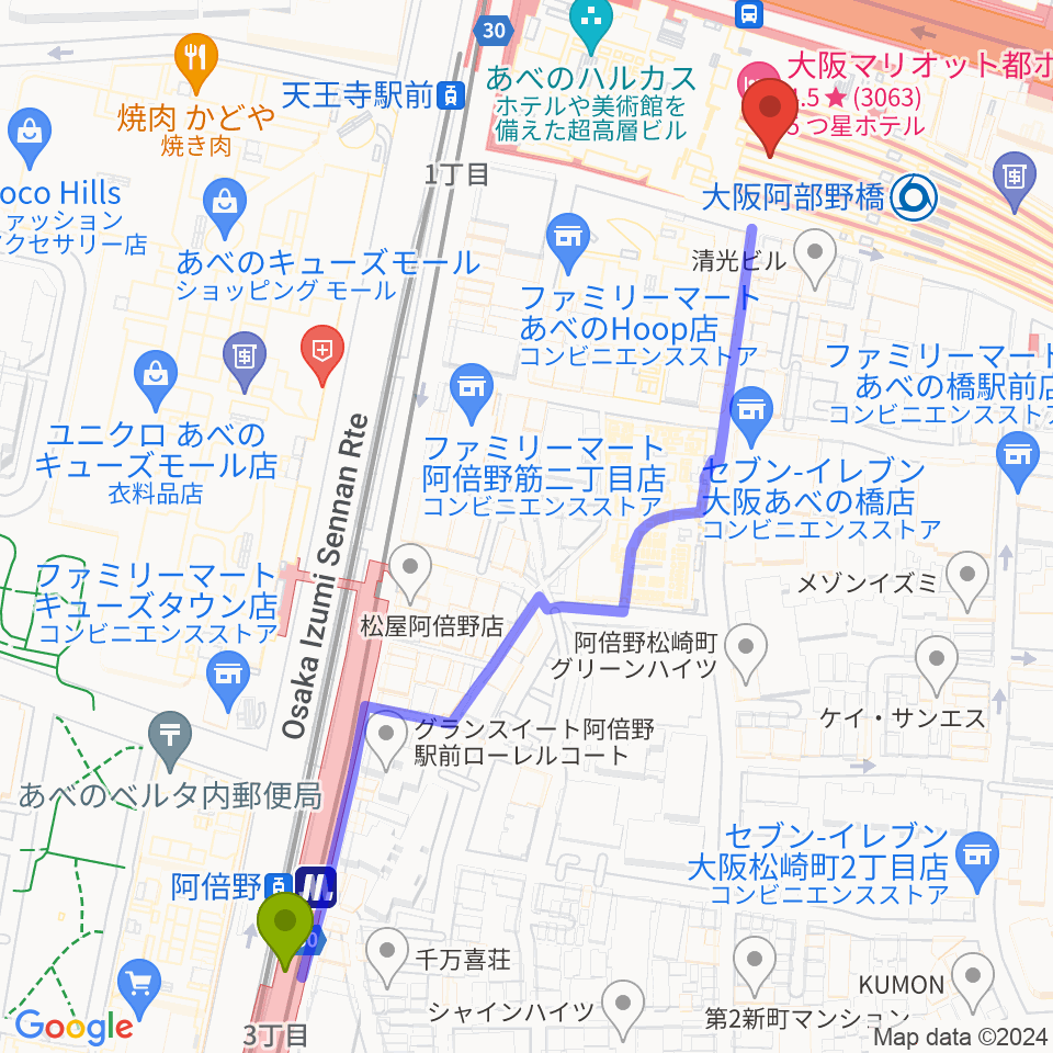 阿倍野駅からあべのハルカス スペース9へのルートマップ Mdata