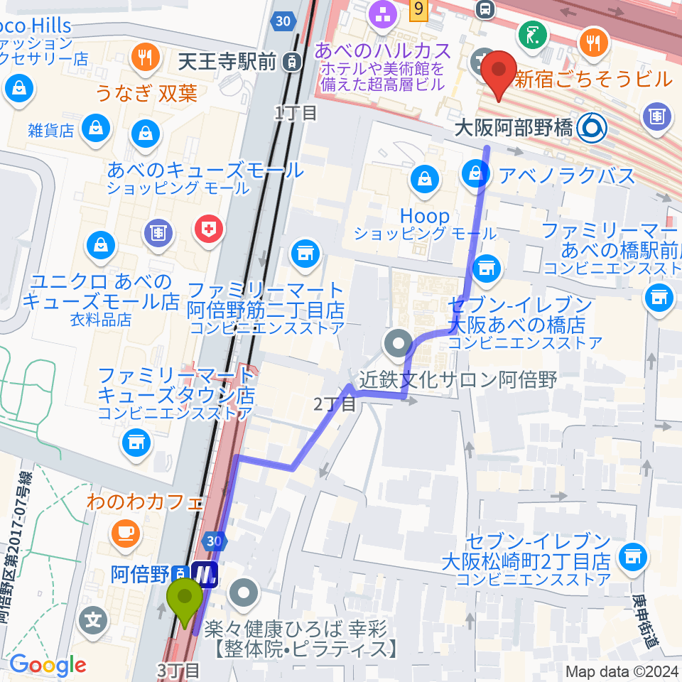 阿倍野駅からあべのハルカス スペース9へのルートマップ Mdata