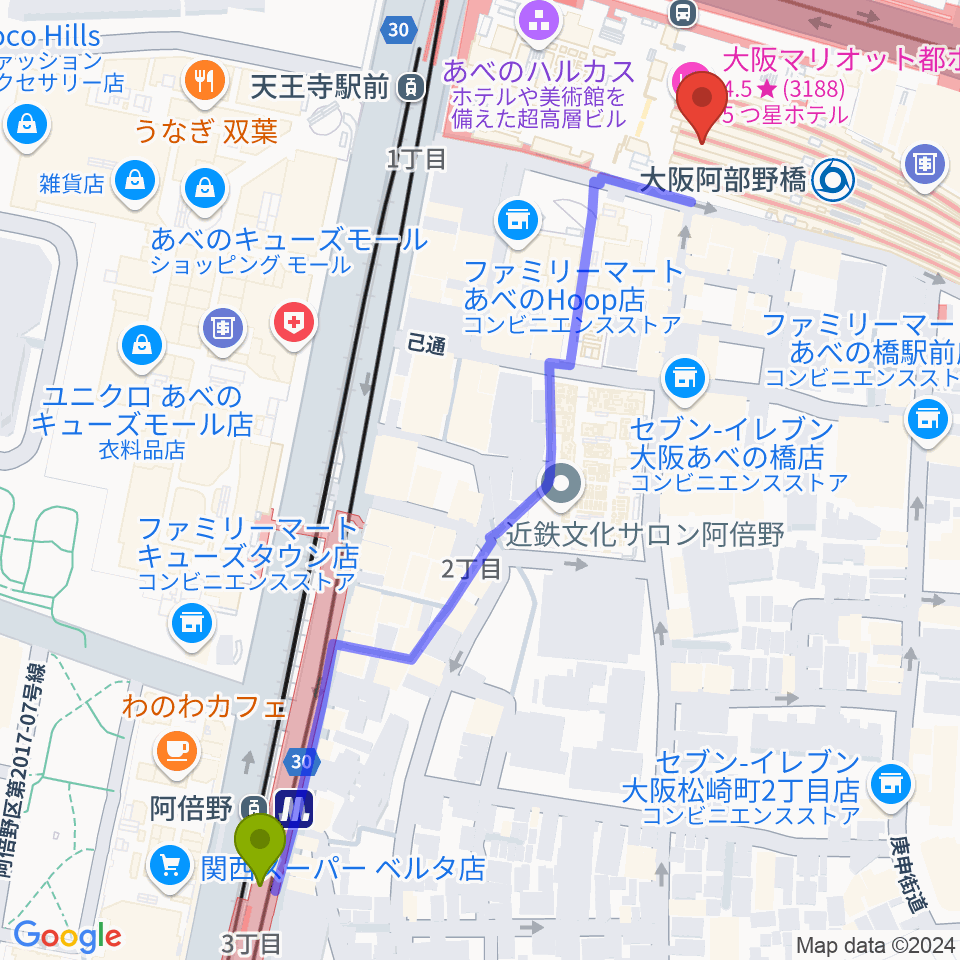 阿倍野駅からあべのハルカスSPACE9へのルートマップ地図