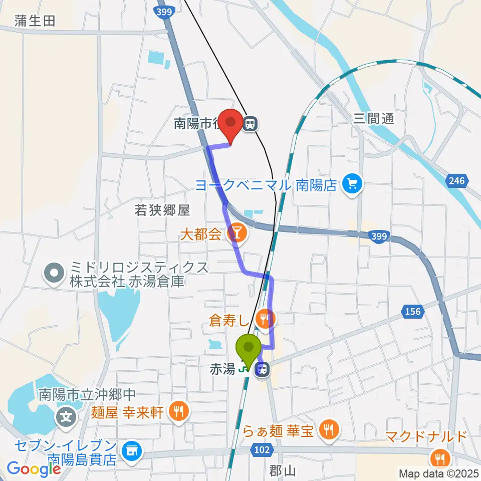 赤湯駅からシェルターなんようホールへのルートマップ地図