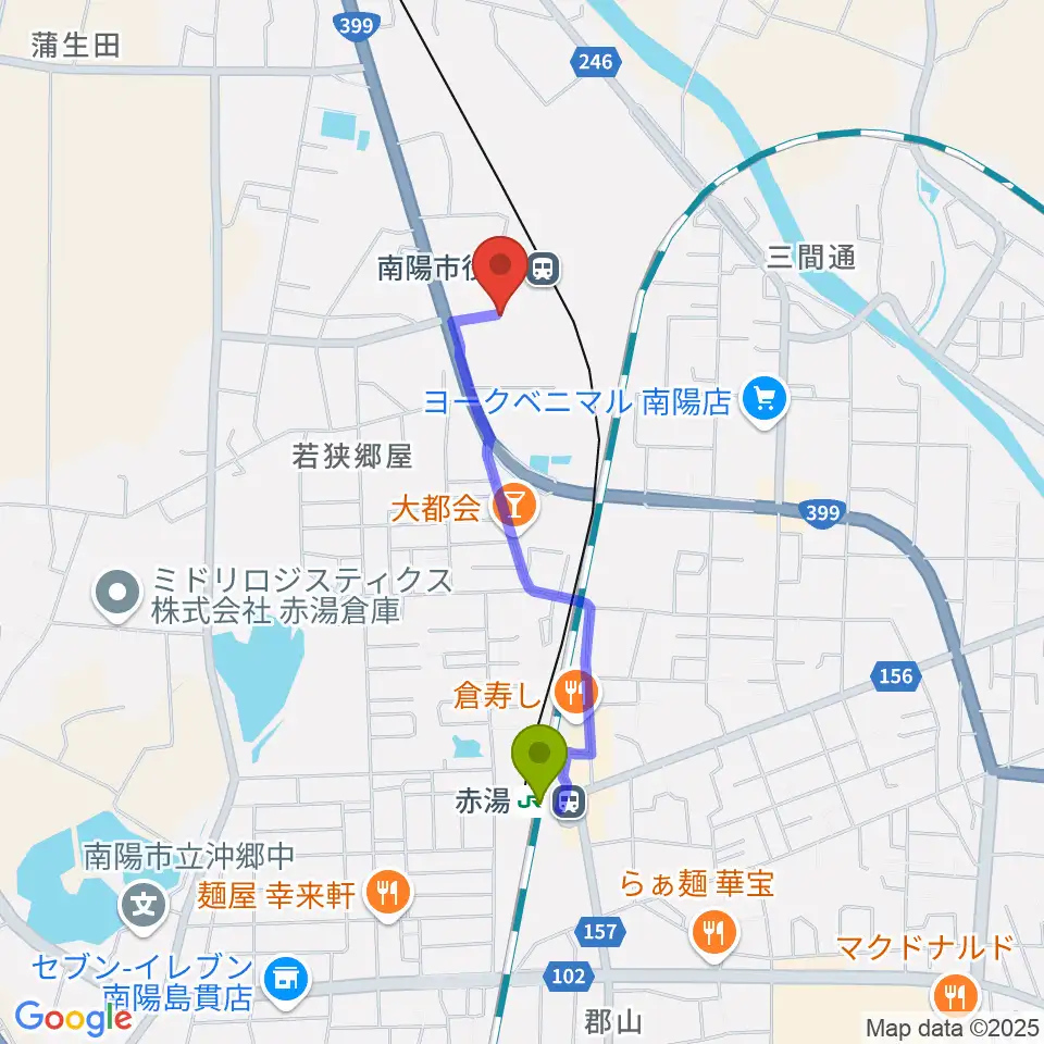 赤湯駅からシェルターなんようホールへのルートマップ地図
