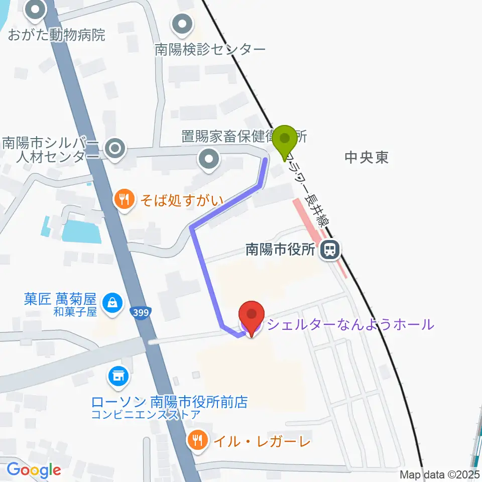 シェルターなんようホールの最寄駅南陽市役所駅からの徒歩ルート（約3分）地図