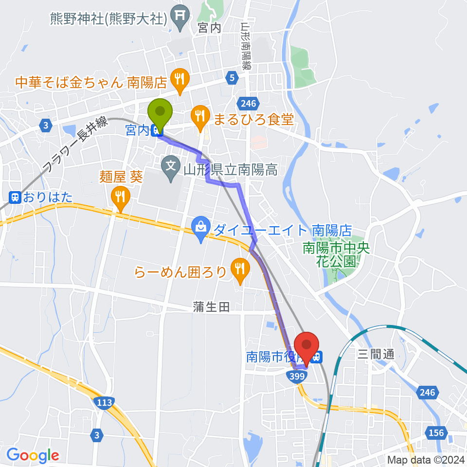 宮内駅からシェルターなんようホールへのルートマップ地図