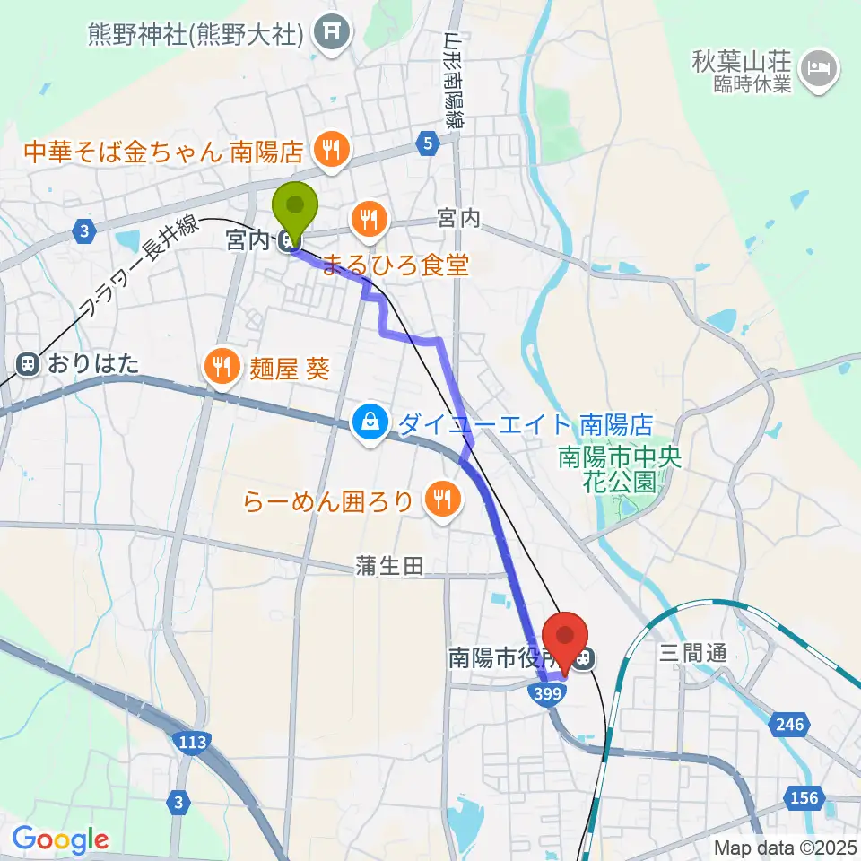 宮内駅からシェルターなんようホールへのルートマップ地図