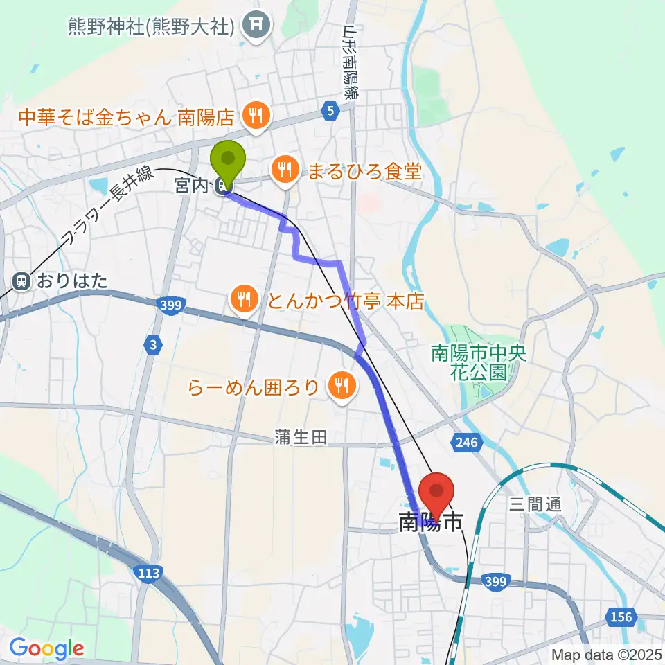 宮内駅からシェルターなんようホールへのルートマップ地図