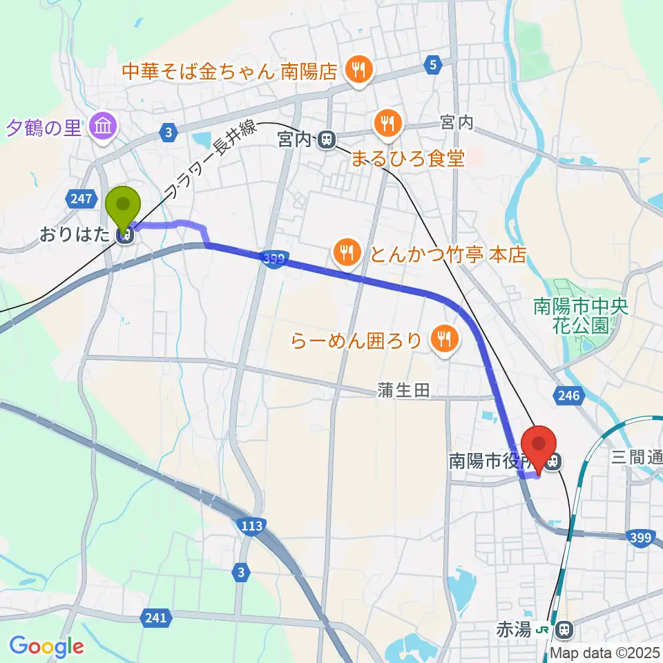 おりはた駅からシェルターなんようホールへのルートマップ地図