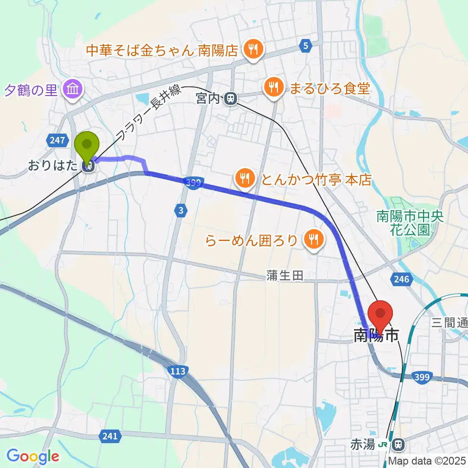 おりはた駅からシェルターなんようホールへのルートマップ地図