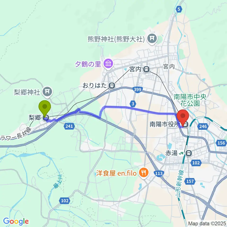 梨郷駅からシェルターなんようホールへのルートマップ地図