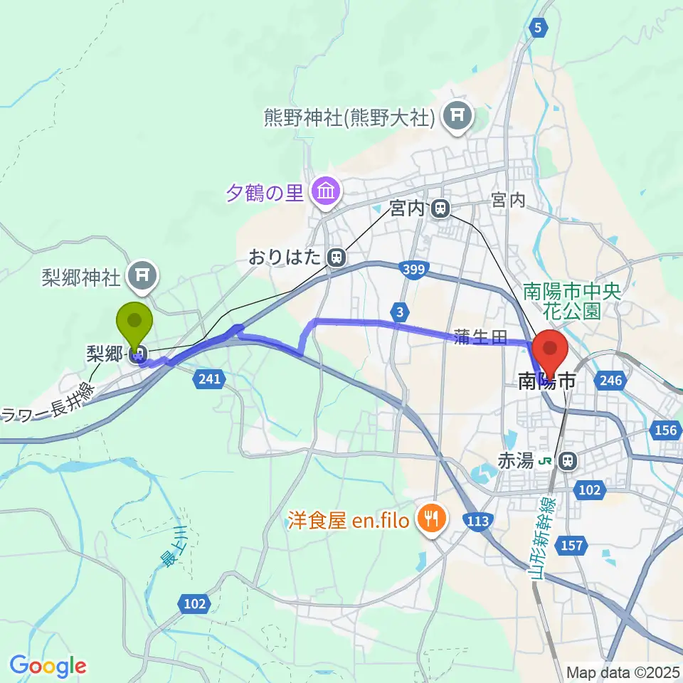 梨郷駅からシェルターなんようホールへのルートマップ地図