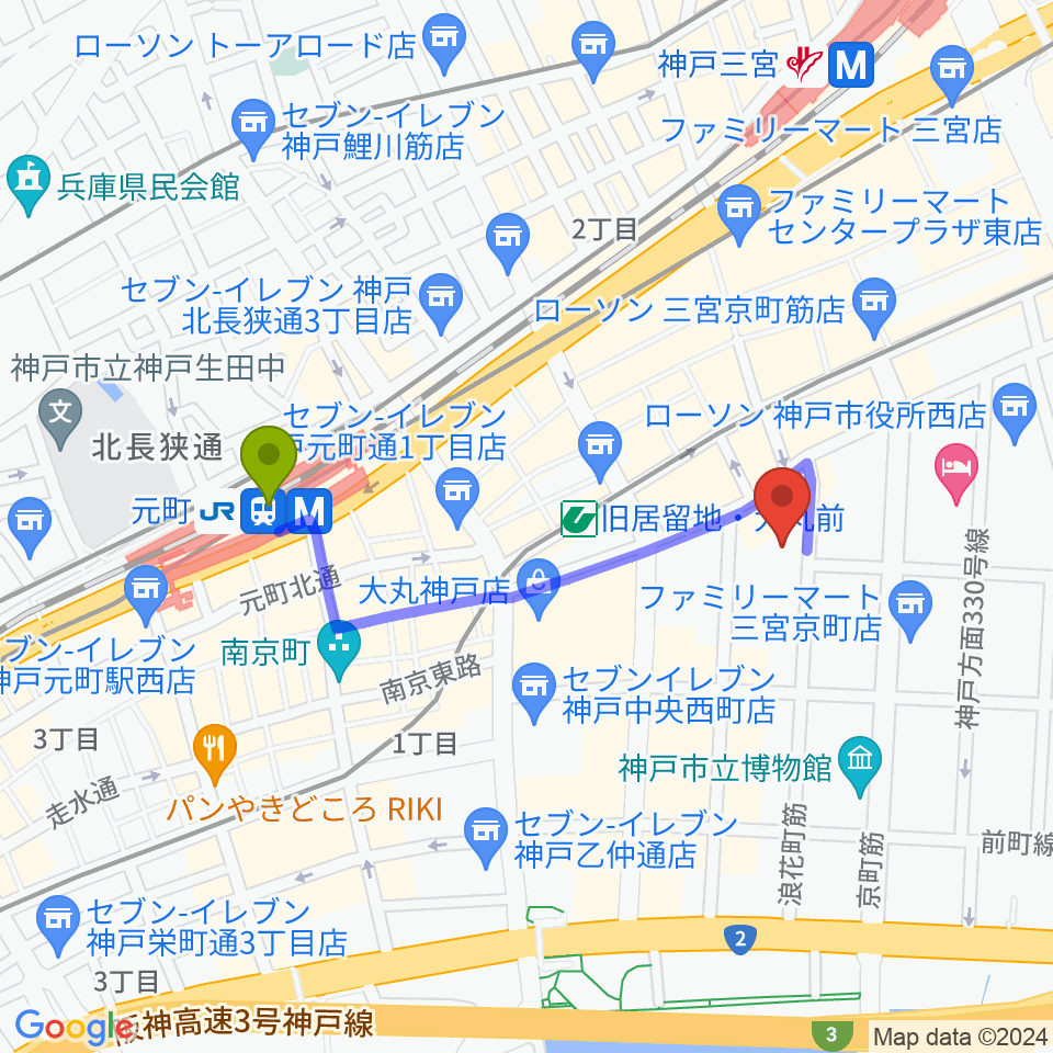 元町駅から神戸朝日ホールへのルートマップ地図