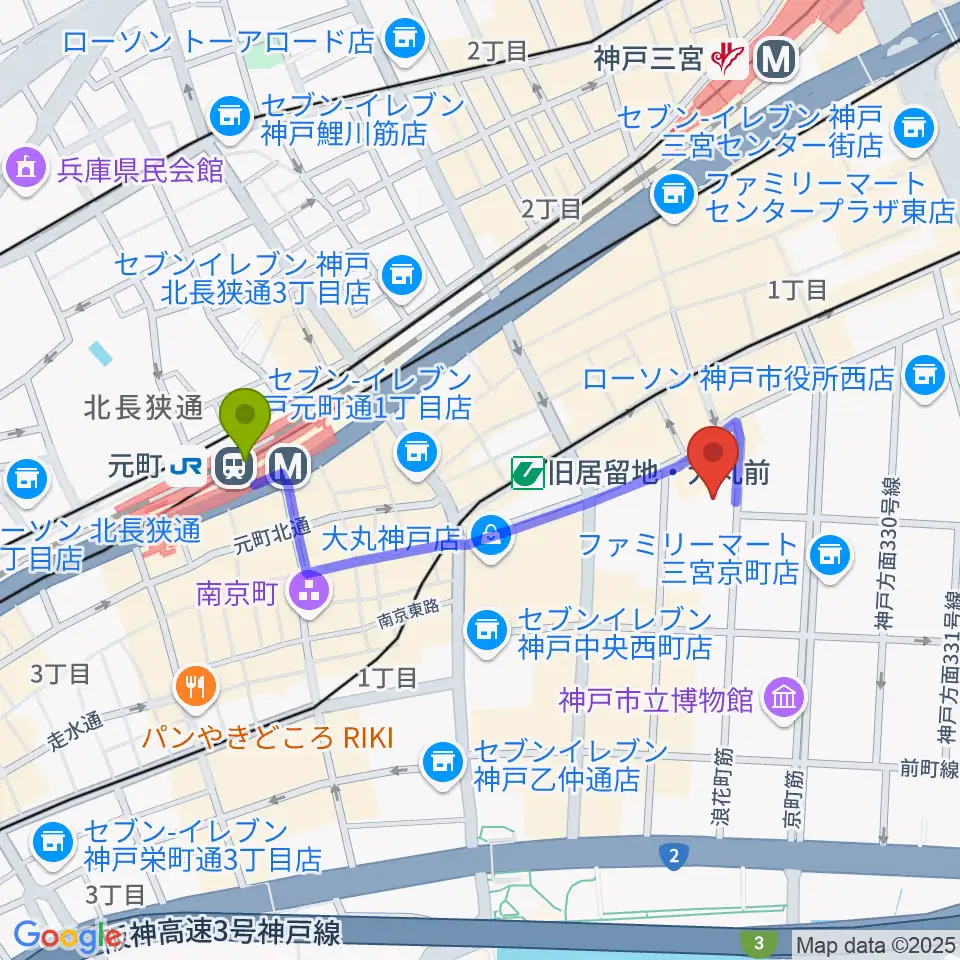 元町駅から神戸朝日ホールへのルートマップ地図