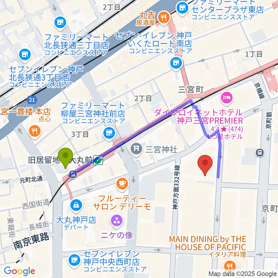 神戸朝日ホールの最寄駅旧居留地・大丸前駅からの徒歩ルート（約4分）地図