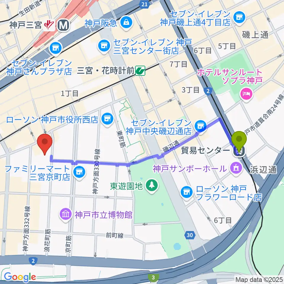 貿易センター駅から神戸朝日ホールへのルートマップ地図